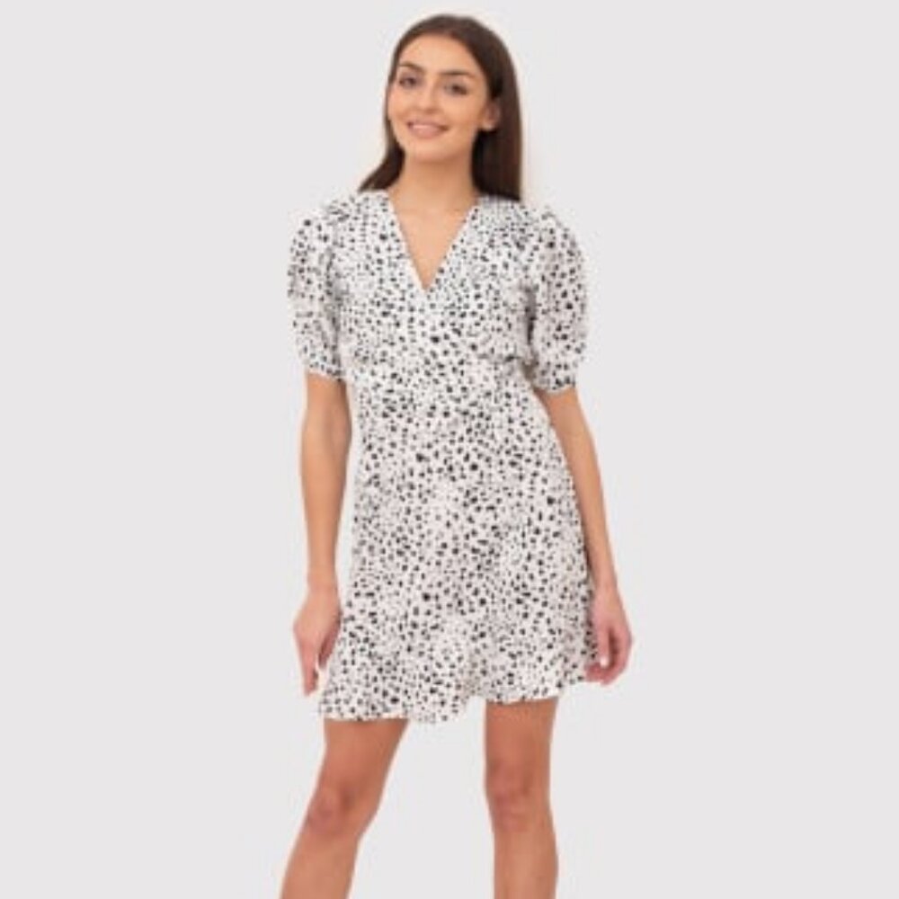 DKNY White & Black Floral Print Short Sleeves V-Neck Mini Dress Size 2